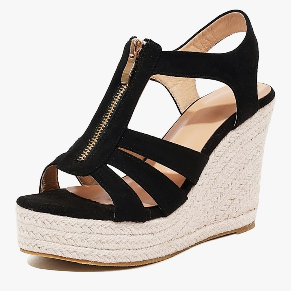 Front Zipper Espadrilles Wedge Platform Sandals for Women Suede Open Toe Heels